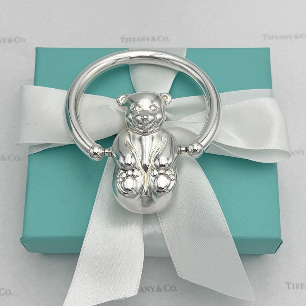 NEW Tiffany & Co. Teddy Bear Baby Rattle Sterling Silver 925 Gift Box & Pouch